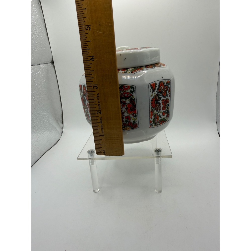Hung‎ Jin China Octagonal Ginger Jar Floral Paisley Orange White Lidded Pot 4.5" - Picture 8 of 8